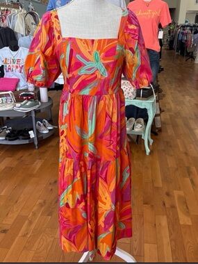 Crystal Sky Orange Pink Floral Midi Dress Size Small